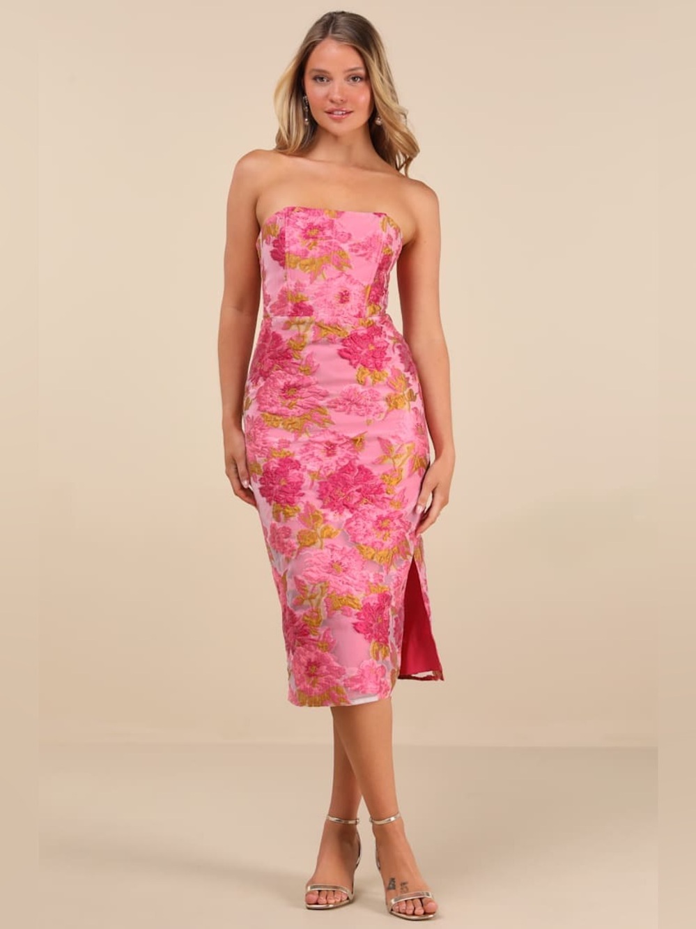 Lulus Upgraded Event Pink Jacquard Strapless Bustier Midi Dress